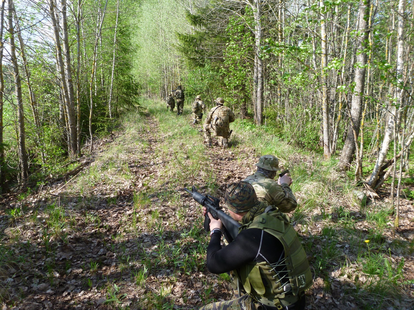 Tactical tracking team moving through forest in formation